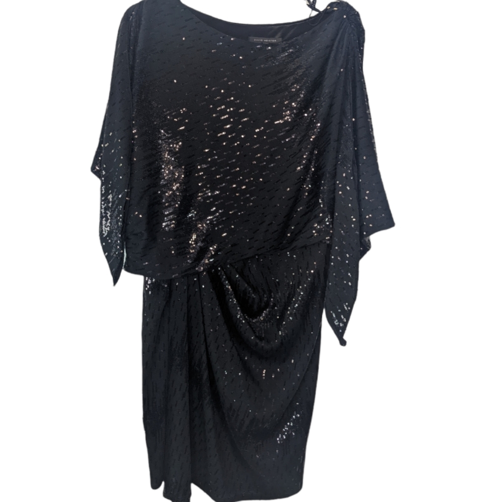David Meister Black Sequin Dolman Sleeve Blouson Cocktail Dress sz 8 - Picture 2 of 9